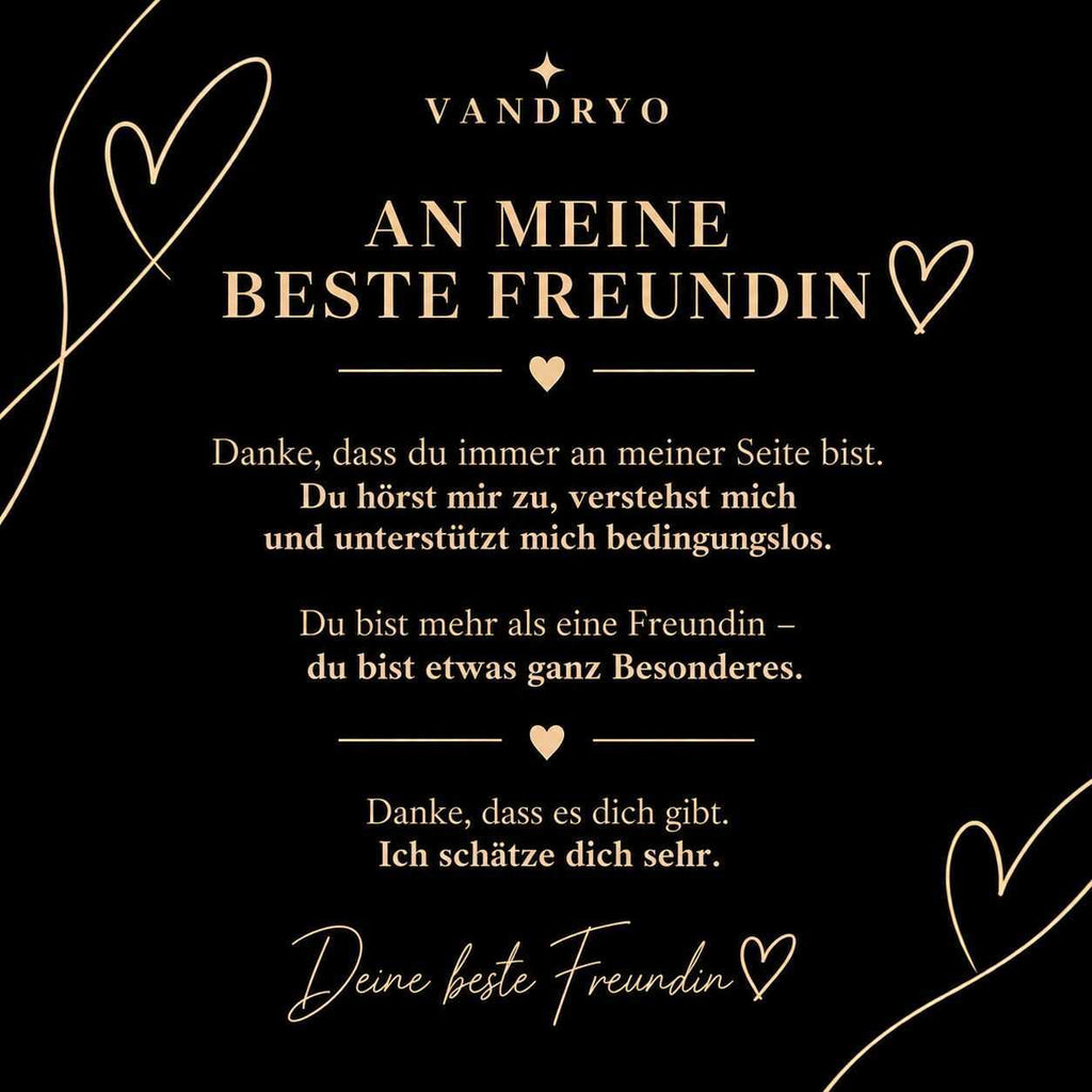 Vandryo Grußkarte „An meine beste Freundin“ mit goldfarbener Freundschaftsbotschaft auf schwarzem Hintergrund