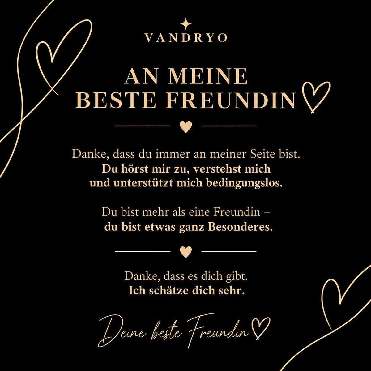Vandryo Grußkarte „An meine beste Freundin“ mit goldfarbener Freundschaftsbotschaft auf schwarzem Hintergrund