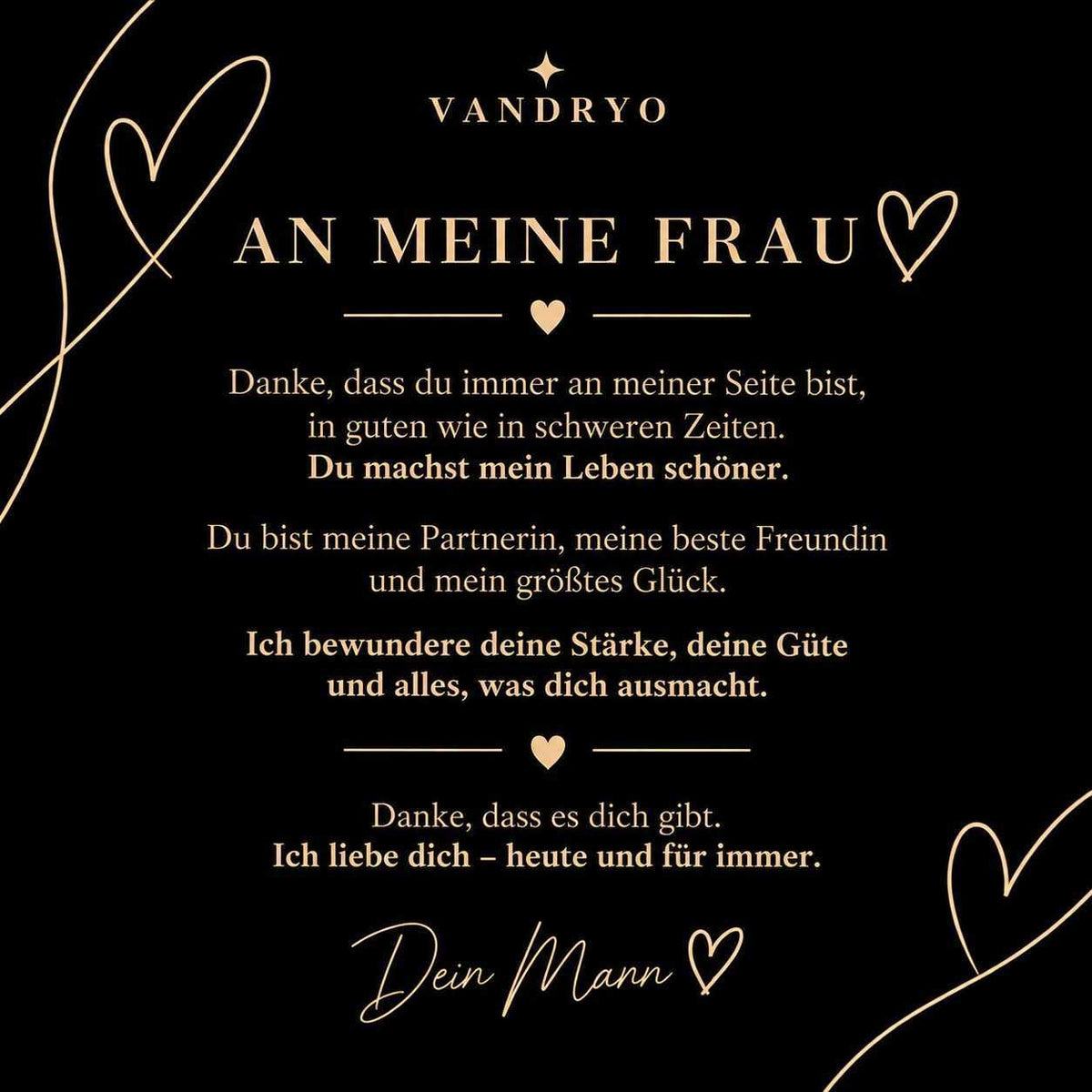 Vandryo Grußkarte „An meine Frau“, schwarz-goldenes Design, signiert mit Dein Mann